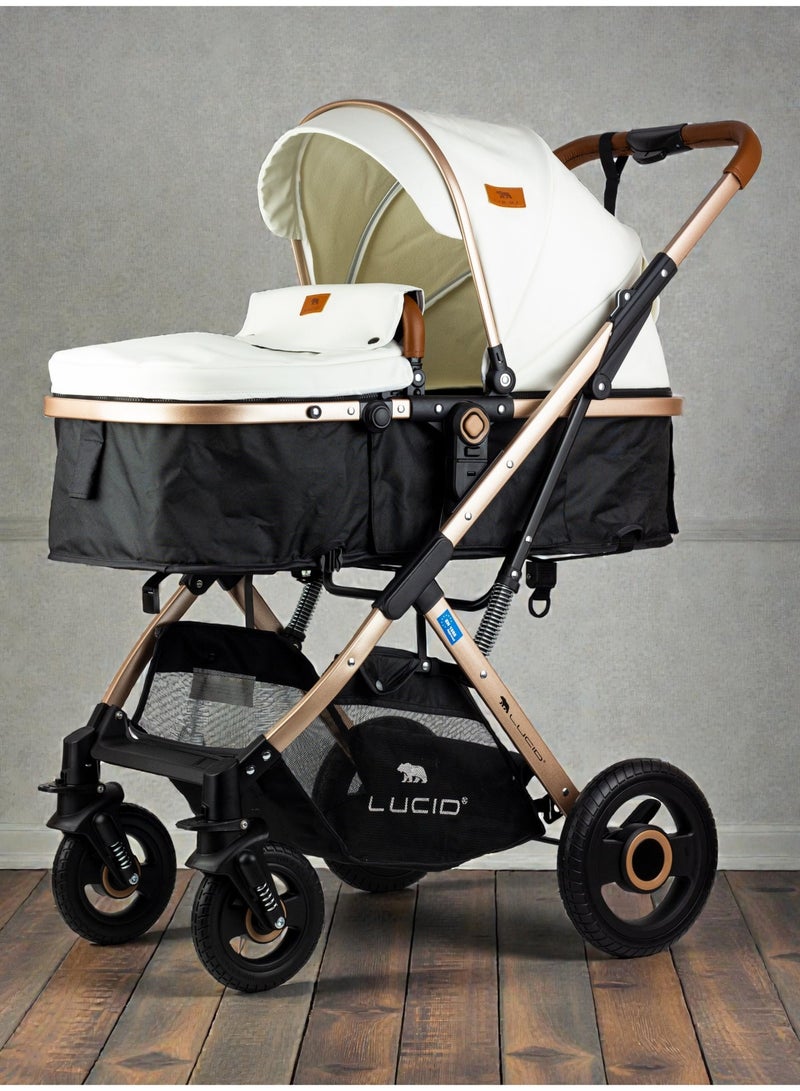 لوسيد عربة أطفال سينا، عربة أطفال فاخرة بمظلة وغطاء جلد من لوسيد أبيض - Image 1